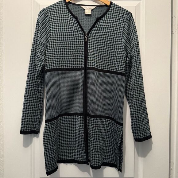 Misook Houndstooth Cardigan Full Zip Long Sleeve Size Small Gray and Black - Picture 1 of 3